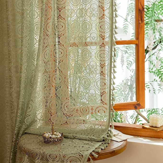 YJ YANJUN Boho Sage Green Curtains 63 Inches Long, Vintage Hollow Lace Textured, Whimsical Crochet Curtains for Living Room Bedroom, Semi-Sheer & Privacy, Spring Summer Decor, Each 59 Wide 2 Panels