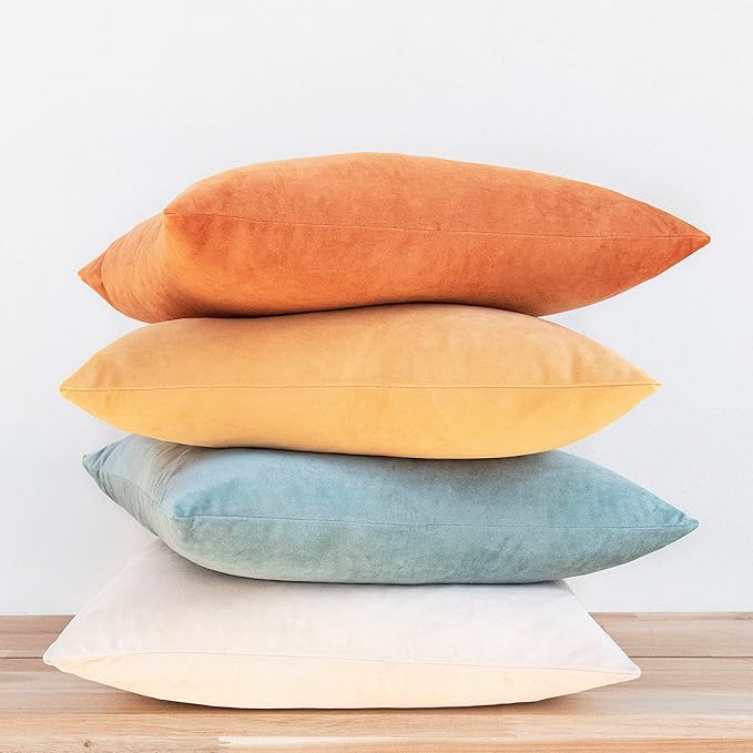 MONDAY MOOSE Decorative Throw Pillow Covers Cushion Cases, Set of 4 Soft Velvet Modern Designs, Mix and Match for Home Decor, Pillow Inserts Not Included (14x14 inch, Orange/Teal)