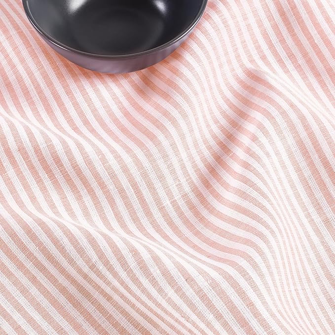 Solino Home Linen 60 Inch Round Tablecloth - Narrow Stripe, 100% Pure Linen Peach and White Round Tablecloth - Machine Washable Table Cloth