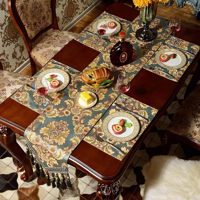 Extra Luxury Velvet Blue Table Runner 120 Inches Long with Vintage Damask Jacquard Design for Dining Room,Living Room,Home Decor,Elegant Beaded Tapestry (Dark Cyan, 6 Piece 13×18 Placemats)