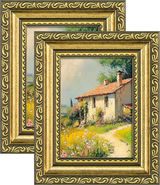 eletecpro 3x4 Picture Frames Set of 2, Ornate Vintage Photo Frame with Glass, Rustic Gold Frames Display 3 x 4 Photo for Tabletop, Gold