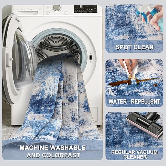 8x10 Modern Abstract Rug Washable Area Rugs for Living Room Bedroom Dining Room Non-Slip Low Pile Neutral Large Rug Soft Indoor Floor Carpet, Blue
