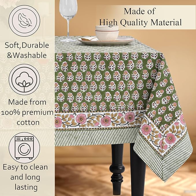 CPC Tablecloth 100% Cotton 72x140 Inch Indian Block Print Easter Rectangle Table Cover, Table Cloth for Weddings, Parties- Jade Green 12-Seater