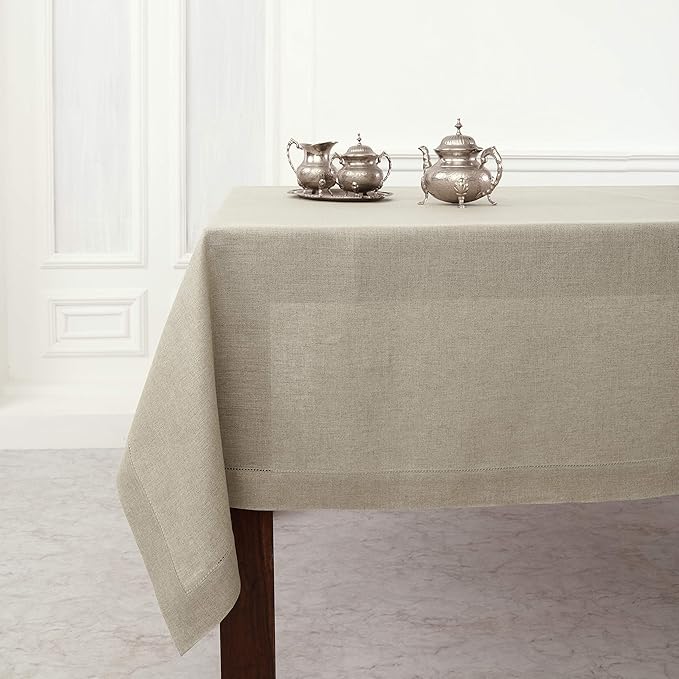 Solino Home Natural Linen Tablecloth 60 x 120 Inch - 100% Pure Linen Hemstitch Table Cloth for Rectangle Tables - Classic Hemstitch, Machine Washable Tablecloth for Fall, Thanksgiving, Christmas