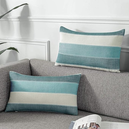 AmHoo Pack of 2 Farmhouse Stripe Check Throw Pillow Covers Set Case Cotton Linen Decorative Pillowcases Cushion Cover for Couch Bench Sofa 12x20Inch Teal Blue