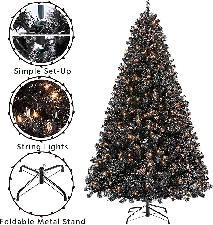 Yaheetech 7.5Ft Pre-Lit Halloween Black Artificial Hinged Christmas Pine Tree Prelighted Xmas Tree for Home Party Holiday Decoration with 550 Clear Warm White Lights and 1354 Branch Tips