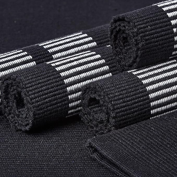 Encasa XO Dining Placemat Set of 6 | Solid Ladder Black Color | Fine Ribbed Cotton Table mat | Size 18x13 in |for Dining Table Fall Decoration, Holiday & Christmas Festivals - Machine Washable