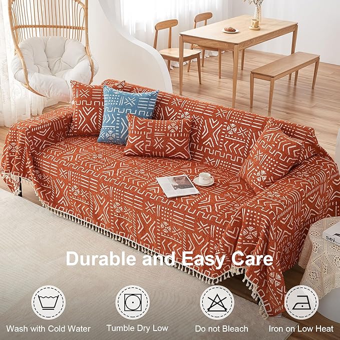 VClife Couch Cover for Sectional Sofa, Japanese Sofa Cover with Tassel, Soft Chenille Boho Couch Covers for 3 Cushion Couch Sofa Washable White Caramel Sofa Slipcover for Living Room 71"x 134"