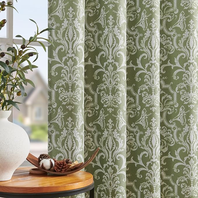 jinchan Room Darkening Curtains for Bedroom Sage Green Damask Patterned Curtains 84 Inch Length for Living Room Linen Textured Vintage Drapes Medallion Window Treatments Grommet Top 2 Panels Set