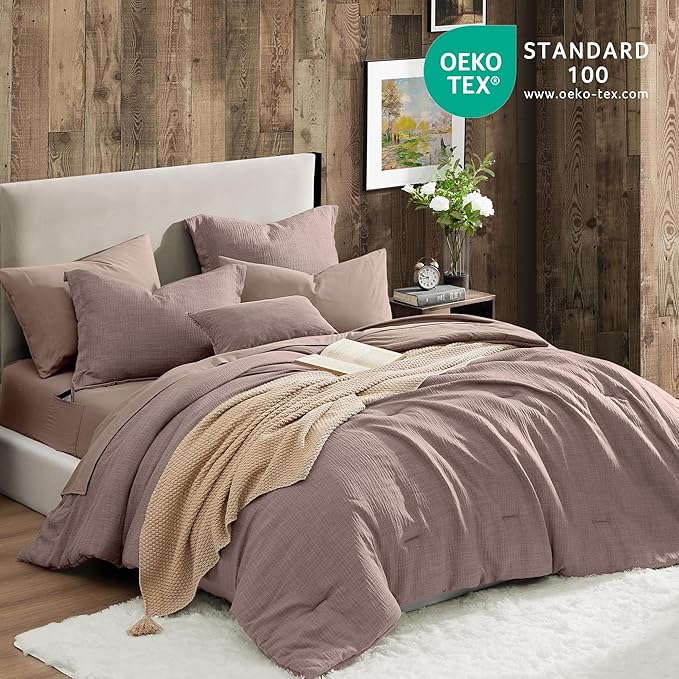 Geniospin Full Comforter Set - 7 Pieces Comforter Full Size, Solid Bedding Sets for All Season, Textured Bed in a Bag with Sheets, Pillowcases and Shams (Misty Rose, 80''x90'')