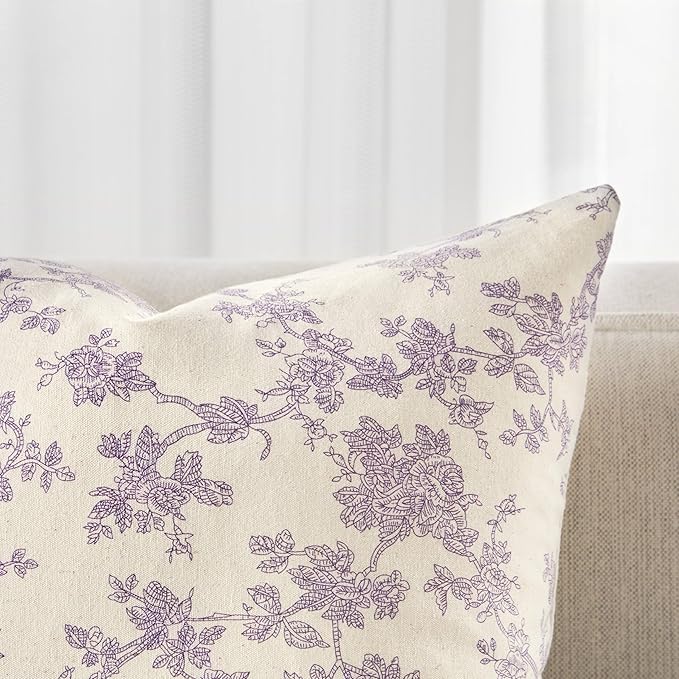 100% Cotton French Pastoral Lumbar Throw Pillow Covers Set of 2, 12x20 Inch Purple Farmhouse Decorative Cushion Covers for Sofa Bed Living Room Home Decor