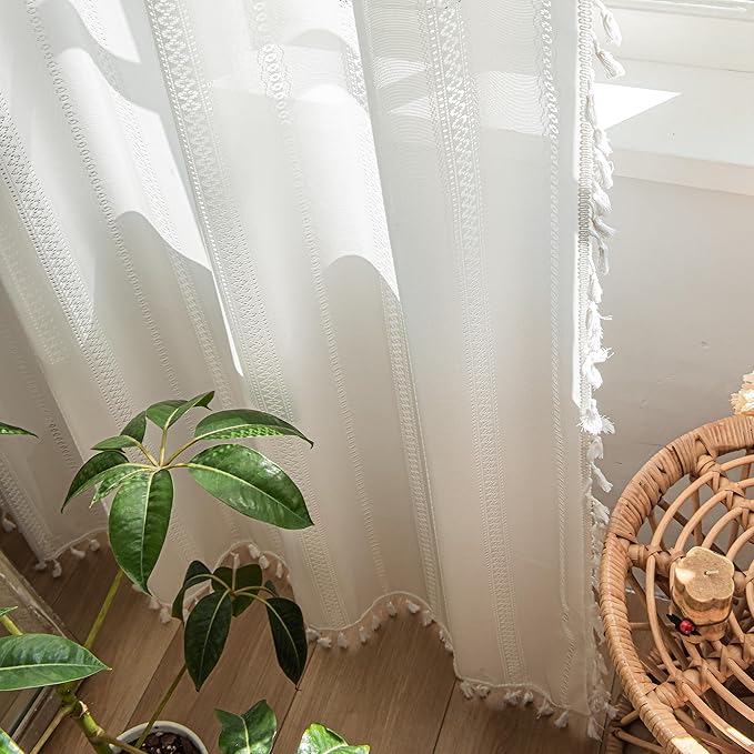 Sutuo Home Ivory Boho Curtains 2 Panels 96 Inches Length for Bedroom Living Room Patio, Window Treatments Bohemian Sheer Knitted Crochet Lace Vintage Drapes Pair Tassels, Rod Pocket, 52" x 96"