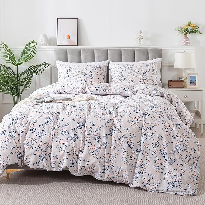 HoneiLife Cotton Duvet Cover Queen - Floral Comforter Cover 3-PC, Soft & Breathable Flower Bedding Duvet Cover Sets with Zipper Closure & Corner Ties, Wildflower Comforter Cover Sets, Blue Leaves