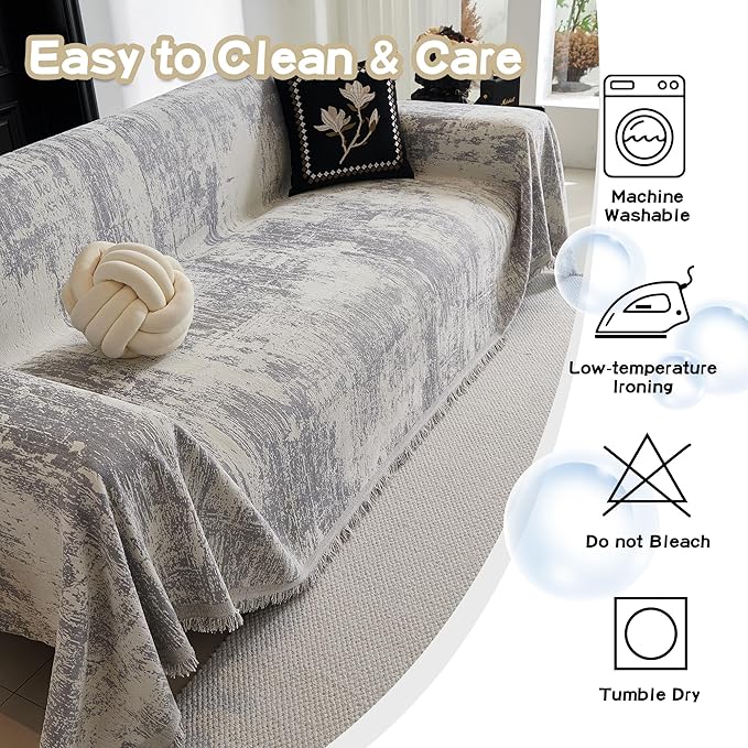 MEETSKY Boho Couch Cover for 2 Cushion Couch Sofa, Chenille Sofa Cover for Sectional Sofa, Modern Khaki Abstract Jacquard Sofa Covers Washable Sofa Slipcover for Pets Friendly, 91" X118", Light Grey