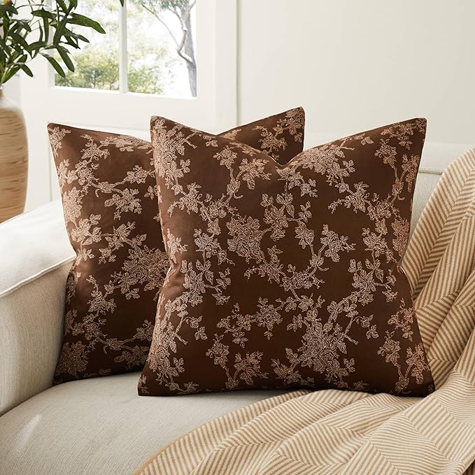 100% Cotton French Pastoral Throw Pillow Covers Set of 2, 18x18 Inch Background/Brown Farmhouse Decorative Cushion Covers for Sofa Bed Living Room Home Decor