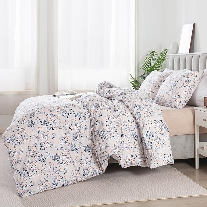 HoneiLife Cotton Duvet Cover Queen - Floral Comforter Cover 3-PC, Soft & Breathable Flower Bedding Duvet Cover Sets with Zipper Closure & Corner Ties, Wildflower Comforter Cover Sets, Blue Leaves