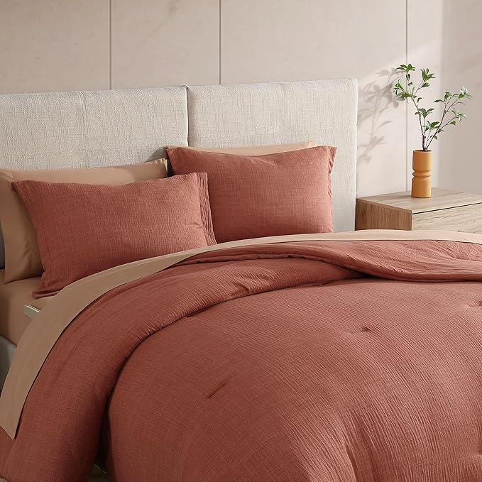 Geniospin Full Size Comforter Set- 7 Pieces Terracotta Textured King Bedding Set, Soft Solid Bed in a Bag for All Seasons, Fall Comforter Set with Sheets