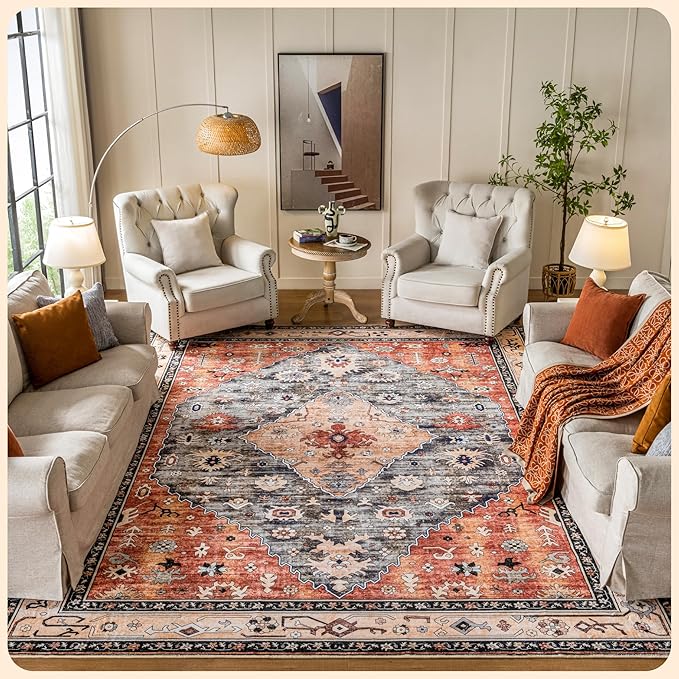 Istana Living Room Rug 10x14 - Red & Teal 10 x 14 Area Rug - Foldable Machine Washable Area Rugs 10x14 10x14 Area Rugs Boho - Stain Resistant Washable Rug 10x14