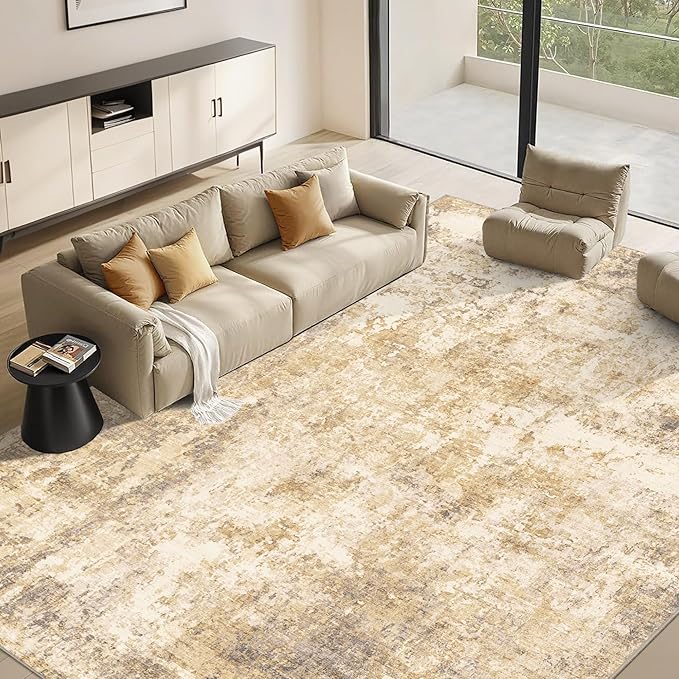 8x10 Modern Abstract Rug Washable Area Rugs for Living Room Bedroom Dining Room Non-Slip Low Pile Neutral Large Rug Soft Indoor Floor Carpet, Gold