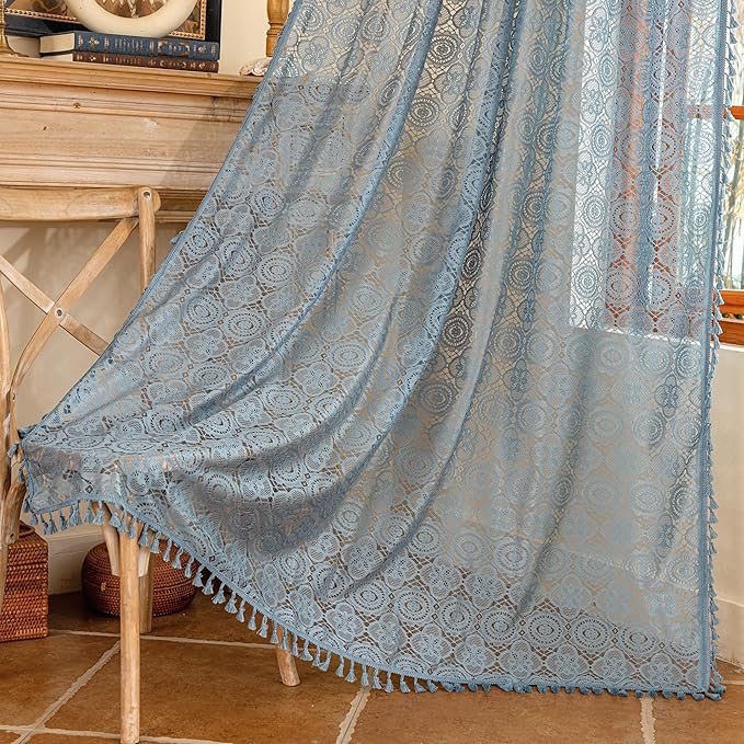 YJ YANJUN Dusty Blue Curtains 84 inch Length 2 Panels Set, Boho Lace Curtains for Living Room Dining Room, Flower Pattern Crocheted & Tassel, Light Filtering Boho Room Decor for Dedroom W59 x L84