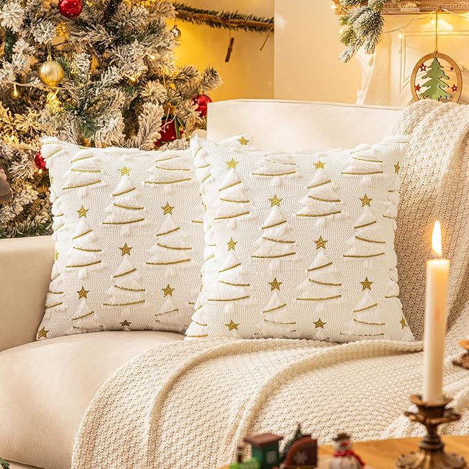 AQOTHES Christmas Tree Decorative White Throw Pillow Covers 20x20 Set of 2, Faux Fur Farmhouse Throw Pillows Cushion Cases for Xmas Winter Holiday Home Decor