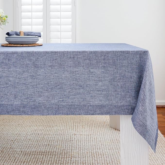 Solino Home Linen Cloth Tablecloth 52 x 52 Inch - 100% Pure Linen Chambray Indigo Square Tablecloth - Athena, Machine Washable Table Throw for Christmas