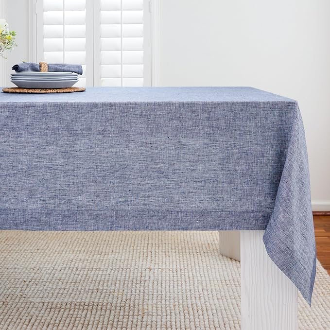 Solino Home Linen Tablecloth 60 x 90 Inch - 100% Pure Linen Chambray Indigo Table Cloth for Rectangle Tables - Athena, Machine Washable Tablecloth for Christmas