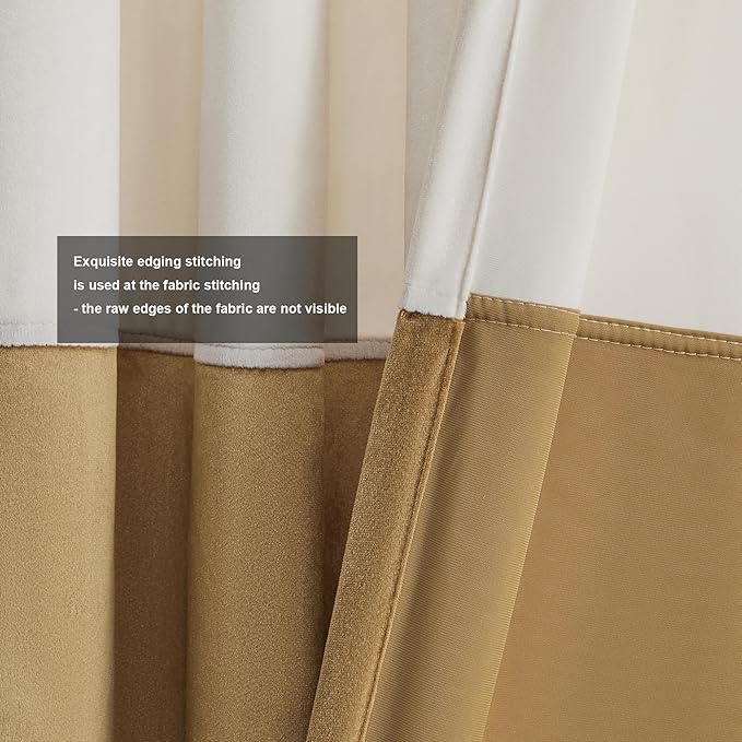 Cream Ivory Gold Velvet Curtains 108 inches Long for Living Room,2 Panels Blackout Curtains Modern Color Block Back Tab Rod Pocket Soundproof Drapes for Bedroom Window Decor