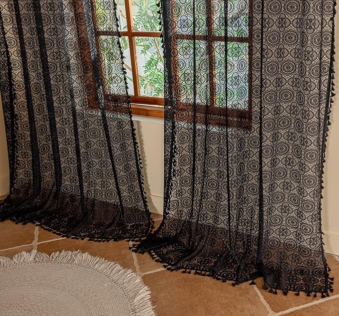 YJ YANJUN Black Boho Gothic Crochet Curtains, 59"W x 96"L (Pack of 2), Floral Pattern, Rod Pocket, Sheer Lining, Black, For Bedroom, Living Room, Kitchen, Dining Room, Bathroom