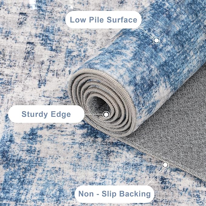 5x7 Modern Abstract Rug Washable Area Rugs for Living Room Bedroom Dining Room Non-Slip Low Pile Neutral Large Rug Soft Indoor Floor Carpet, Blue