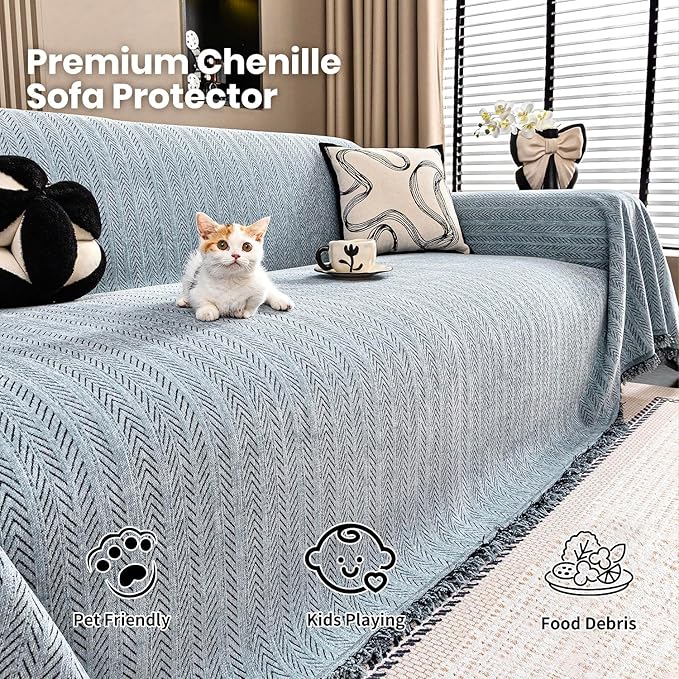 Nobildonna Sofa Cover Washable Soft Thicken Chenille Couch Cover with Tassel,Waterproof Sofa Slipcover for 2-3 Cushion Couch,Sectional Sofa,L-Shaped Furniture Protector Pet-Friendly,Dusty Blue71 x118