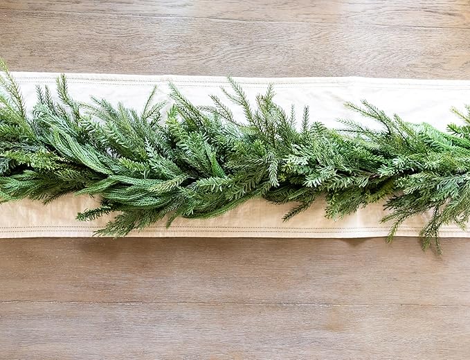Mixed Norfolk Pine Garland with Evergreen, and Cedar Garland Artificial Realistic Greenery Branches for Decoration, Christmas Garland for Mantle, Premium Real Touch (6 Foot)