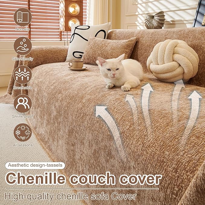 ROOMLIFE Boho Khaki Couch Cover for Dogs, Washable Non Slip Furniture Protector Couch Sofa Covers for 3 Cushion Couch, Soft Chenille Sofa Slipcovers Couch Cover Throw Blanket with Tassels 71''X134''