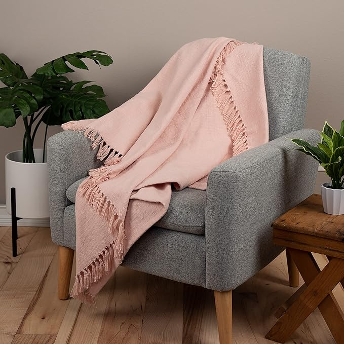 Sticky Toffee Woven Cotton Throw Blanket 60x50 in – Blush Pink Textured Blanket with Fringe for Couch or Bed, Thick and Durable, Boho Decorative Style