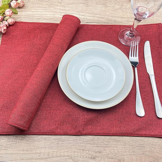 Weabetfu Cloth Placemats Set of 4 Heat Resistant Dining Table Placemmats Cotton Linen Machine Washable Kitchen Table Mats Wrinkle Free Thick Fabric Place Mat,Easy to Clean,13"x19" Burgundy