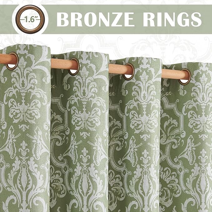 jinchan Room Darkening Curtains for Bedroom Sage Green Damask Patterned Curtains 84 Inch Length for Living Room Linen Textured Vintage Drapes Medallion Window Treatments Grommet Top 2 Panels Set
