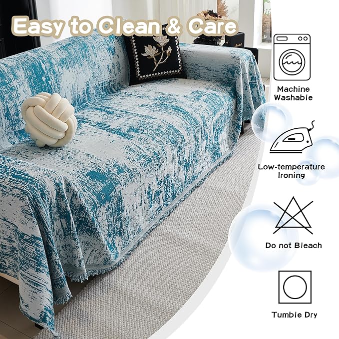 MEETSKY Couch Cover Boho Sofa Covers Couch Covers for 3 Cushion Couch Sofa Pet Friendly, Washable Abstract Geometric Sofa Slipcover for Sectional Sofa Cover with Tassel, 91" x 134", Blue