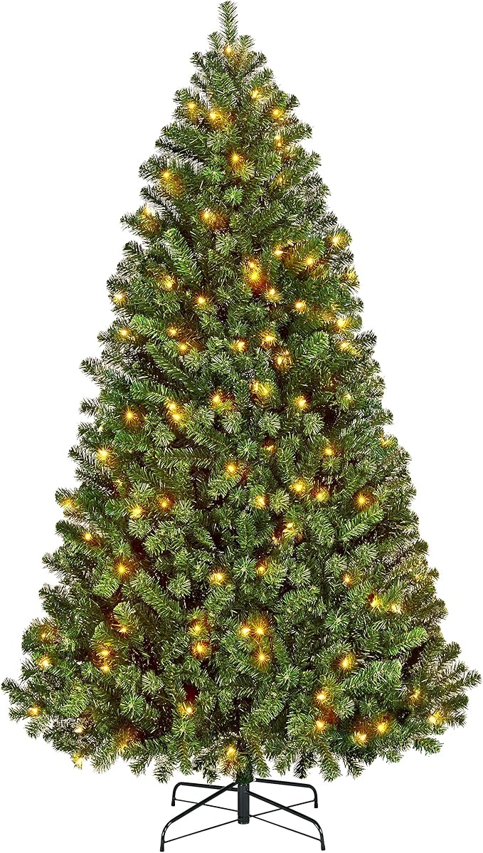 Yaheetech 6Ft Pre-lit Spruce Artificial Hinged Christmas Pine Tree Prelighted Holiday Xmas Tree for Home Party Decoration with 300 Warm White Lights and 818 Branch Tips, Green