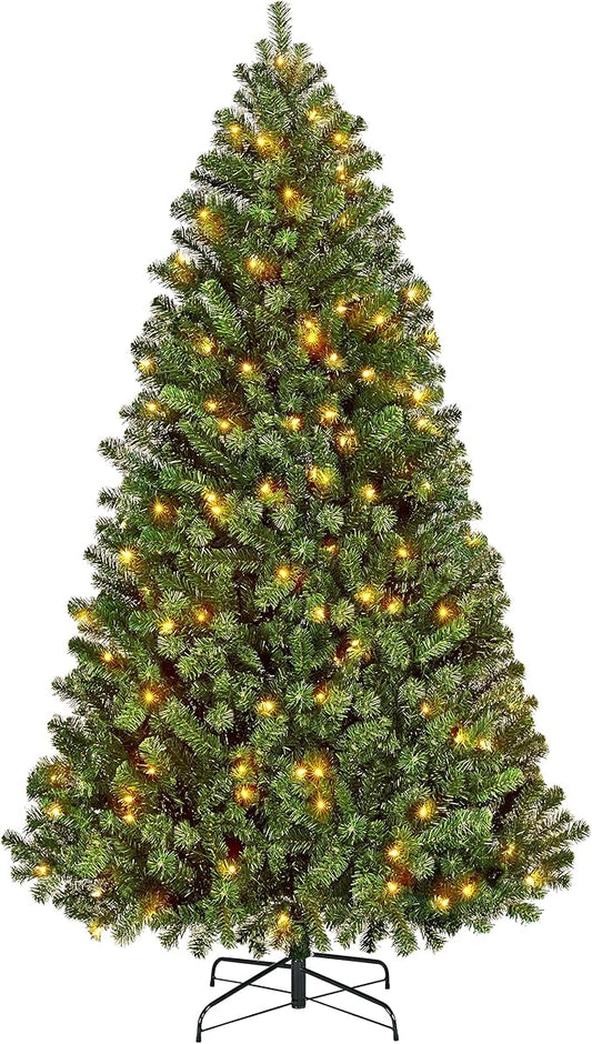 Yaheetech 6Ft Pre-lit Spruce Artificial Hinged Christmas Pine Tree Prelighted Holiday Xmas Tree for Home Party Decoration with 300 Warm White Lights and 818 Branch Tips, Green