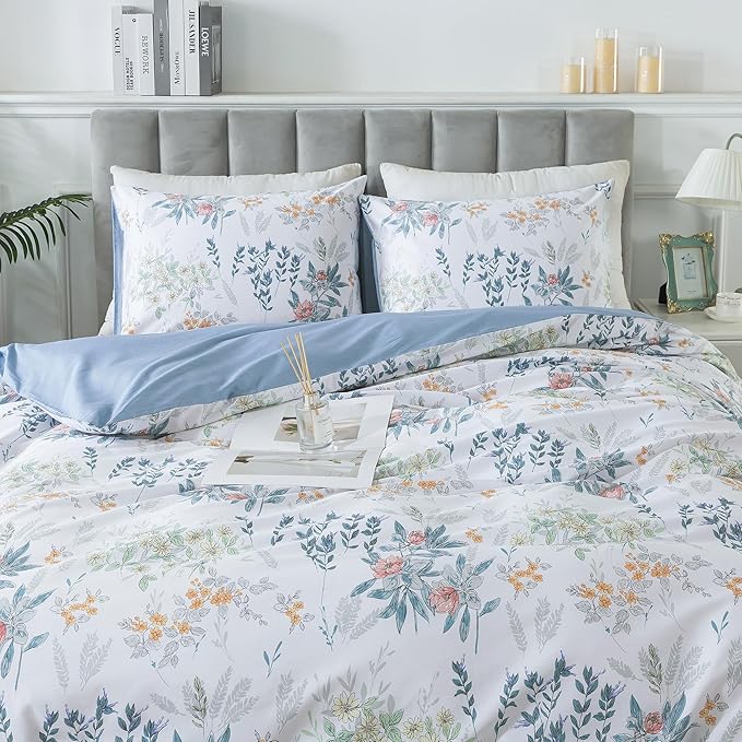 HoneiLife Floral Duvet Cover Queen - 100% Cotton Comforter Cover, Botanical Bedlinen Set with Zipper Closure & Corner Ties, 3-pcs Wildflower Comforter Cover Sets