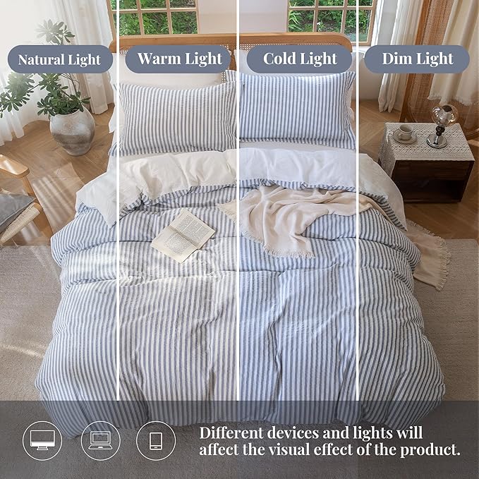 MILDLY Blue Striped Duvet Cover - 100% Washed Cotton Jacquard Boho Textured Comforter Cover 3pcs with Zipper Closure 90"x90"