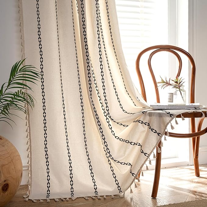 Sutuo Home Boho Curtains 96 Inches Long, Bohemian Drape for Bedroom Living Room, Privacy Country Rustic Semi Blackout Farmhouse for Halloween Decor Rod Pocket, 1 Panel W52 x L96 White and Black