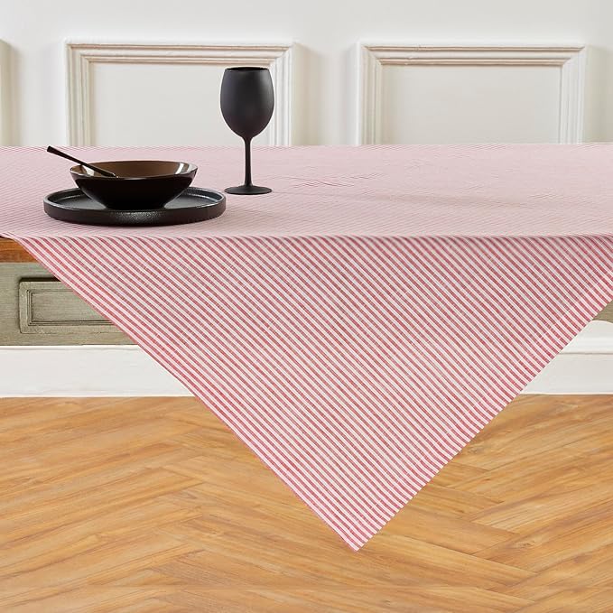 Solino Home Linen Tablecloth 52 x 52 Inch - Narrow Stripe, 100% Pure Linen Red and White Square Tablecloth - Machine Washable Table Throw for Christmas, Holiday, Winter
