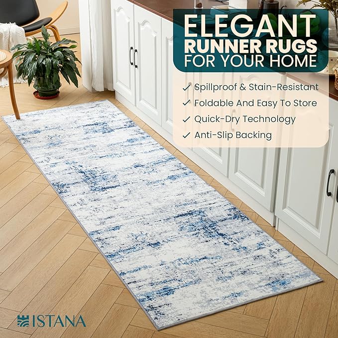 Istana Hallway Runner Rug 2.5x8 - Blue/White Kitchen Rugs Non Slip Washable -Silk's Soft Touch Carpet Runner - Stylish Runner Rugs for Home