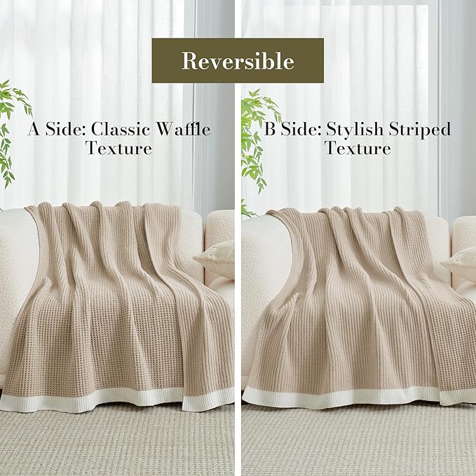 Amélie Home Waffle Throw Blanket for Couch Twin, Soft Cozy Chenille Knit Blanket Warm Decorative Throw for Sofa, Bed, Living Room, 60"x80", Beige