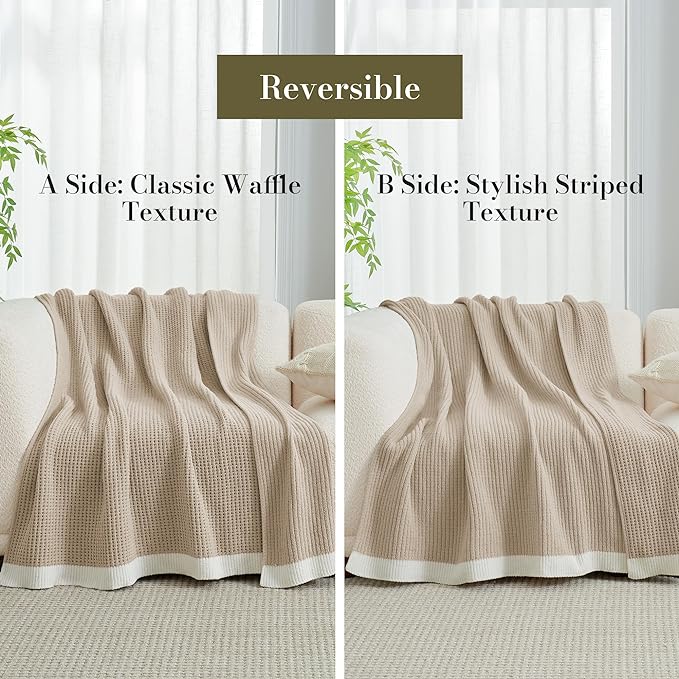 Amélie Home Waffle Throw Blanket for Couch, Soft Cozy Chenille Knit Blanket Warm Decorative Throw for Sofa, 50"x60", Beige
