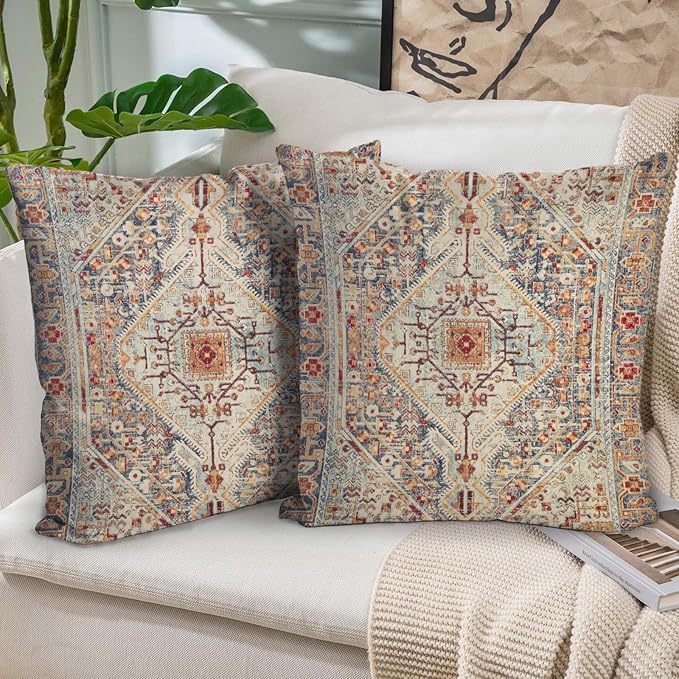 Boho Throw Pillow Covers 16x16 inch Set of 2,Bohemian Vintage Carpet Pattern Antique Ethnic Decor Double Sided Pattern Cushion Cover Soft Pillow Case Living Sofa Room Bed Square Pillow Cover