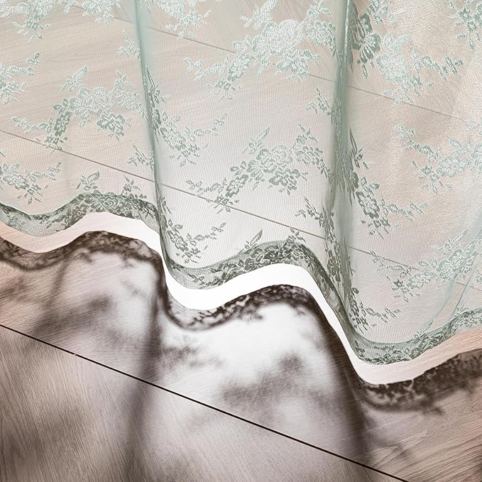 MEETSKY Lace Sheer Curtains 63 Inch Length Sage Green Vintage Victorian French Elegant Farmhouse Decor for Living Room Bedroom Back Tab Rod Pocket Light Filtering Drapes, 50" W Each Panel, 2 Panels
