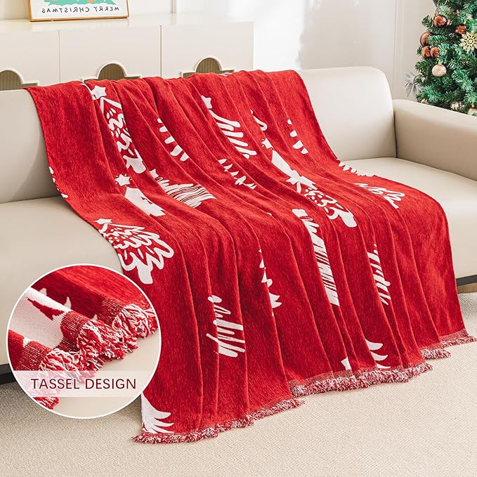 hyha Couch Cover for Dogs, Boho Sofa Covers for 3 Cushion Couch Washable, Chenille Sofa Slipcover for Pets, Soft Loveseat Sectional Couch Throw Blankets with Tassels (Red Christmas Tree, 71x134 Inch)