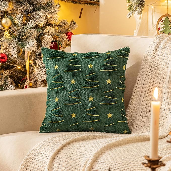 AQOTHES Christmas Tree Decorative Green Red Throw Pillow Covers 18x18 Set of 2, Faux Fur Farmhouse Throw Pillows Cushion Cases for Xmas Winter Holiday Home Decor